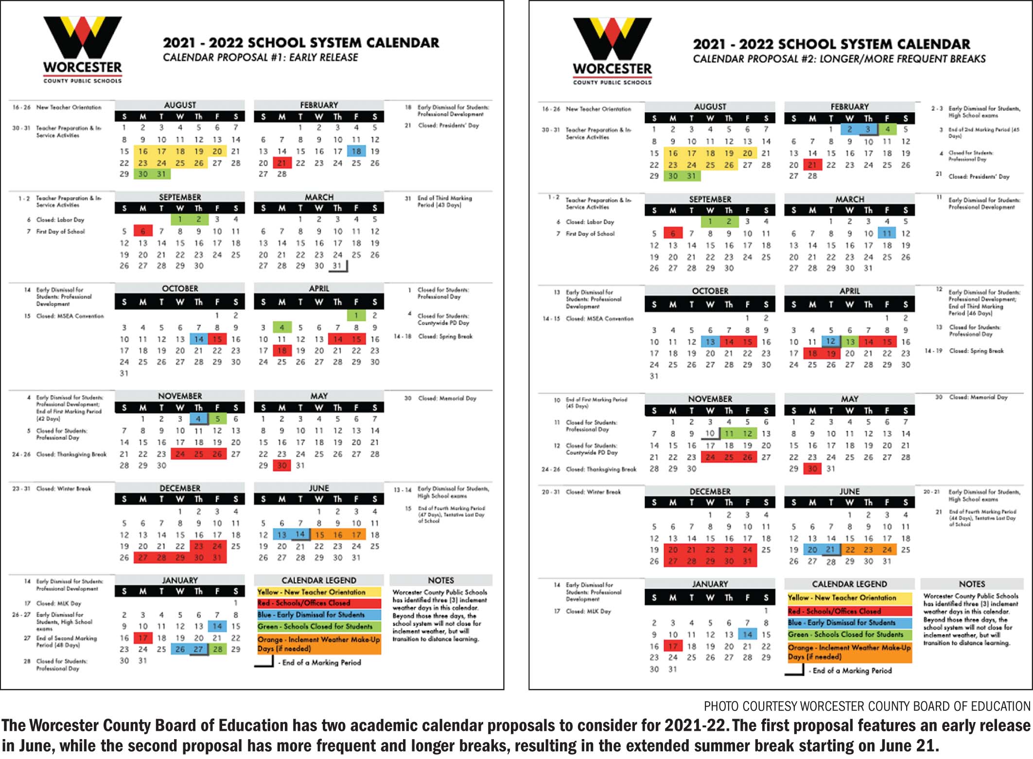 WCPS calendar proposals to be voted on in Feb Worcester County News